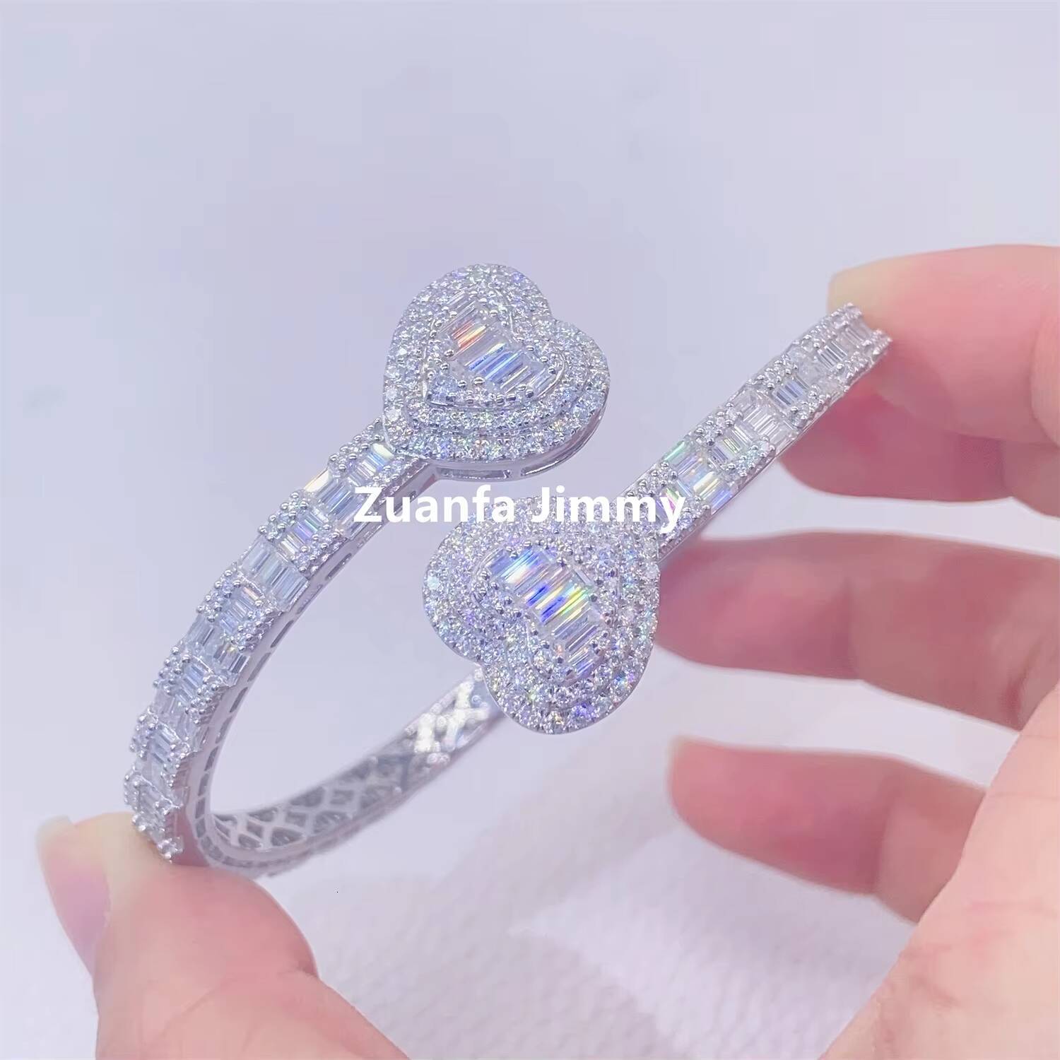 Pass Diamond Tester Moissanite Hip Hop Jewelry 925 Sterling Silver White Gold Plated Heart Baguette Moissanite Bangle Bracelet