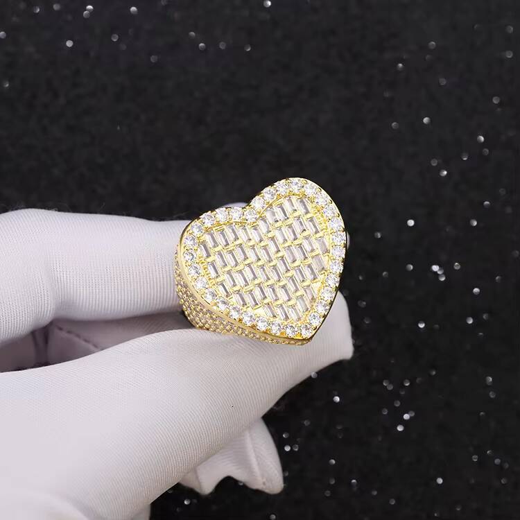 Yu Ying Solid 925 Silver Heart Ring D White Baguette Moissanite Diamond Ring Hip Hop Men Women Cuban Ring