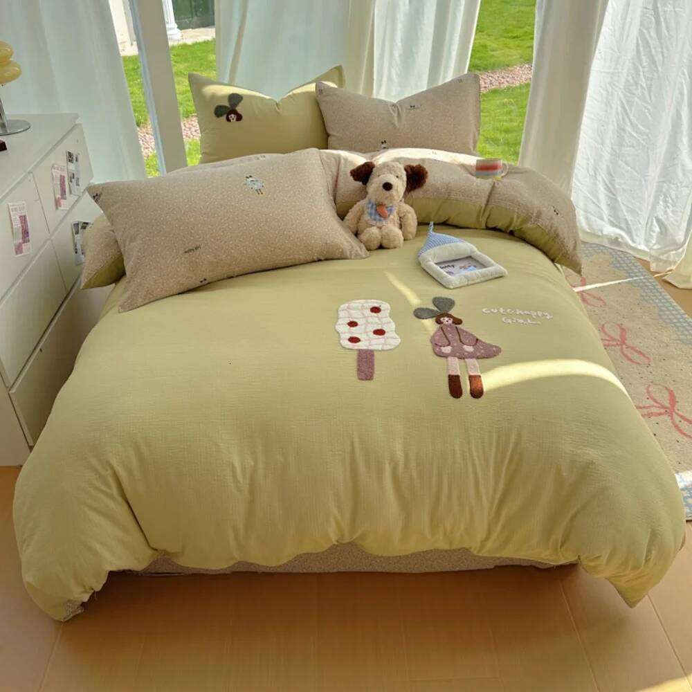 Cartoon Embroidery Printed Four-Piece Comfortable Bedroom Decor Bedding Set Duvet Cover Bed Sheet Pillowcase Home Textiles Y260124
