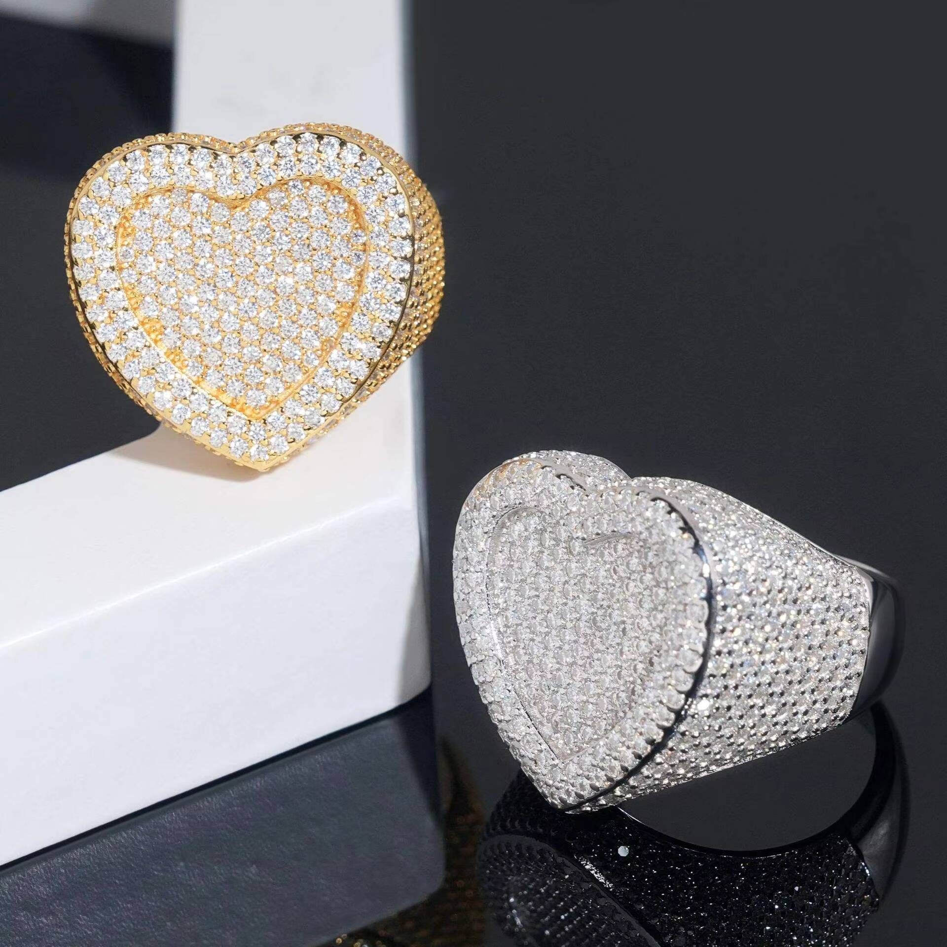 Hip hop jewellery moissanite iced heart ring luxury pav diamond style bold statement unisex hip hop jewellery ring