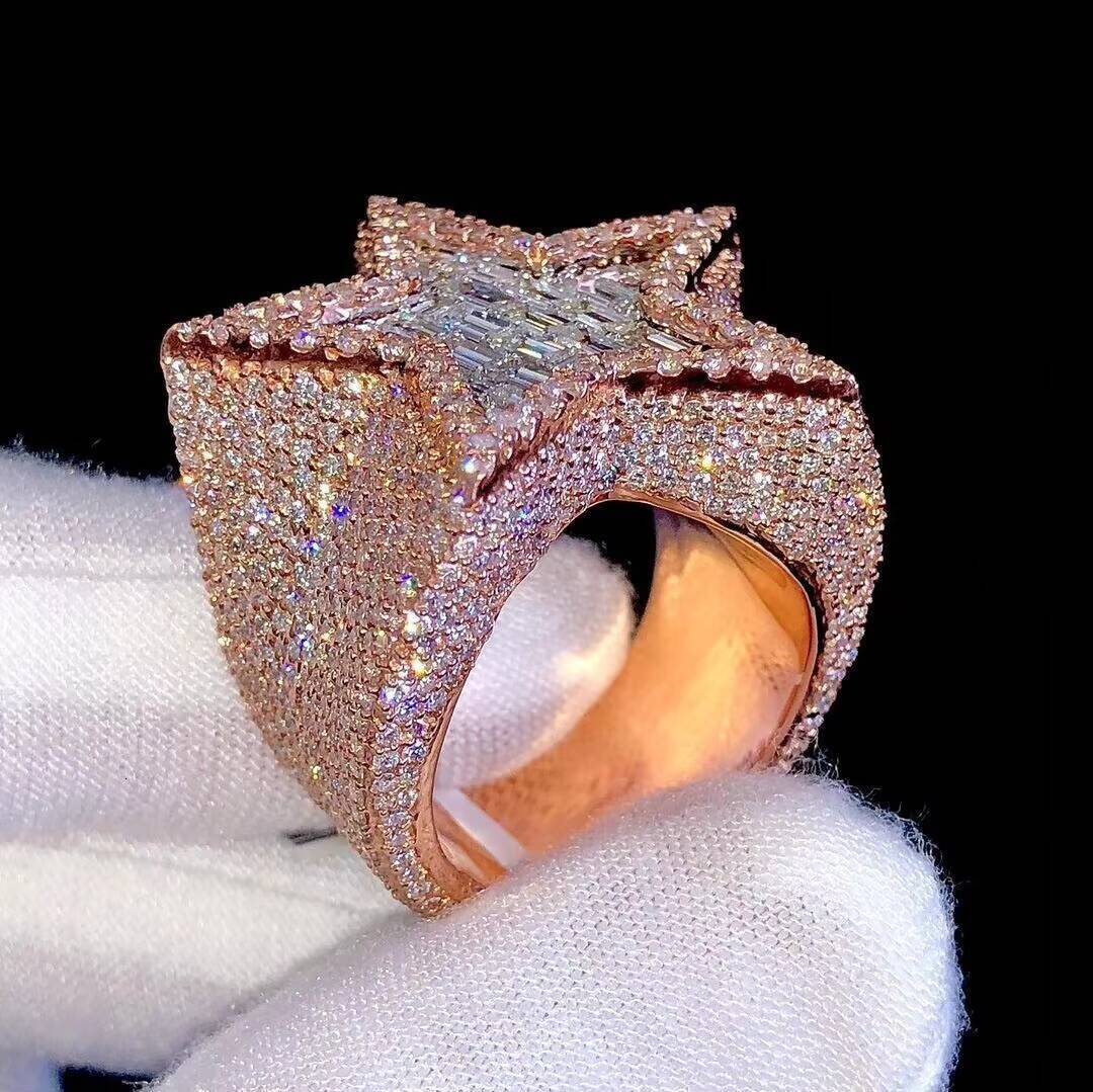 Rappers Hip Hop Trendy Moissanite Diamond Custom Bling Star Ring 925 Sterling Silver Rose Gold Plated Wedding Anniversary Party