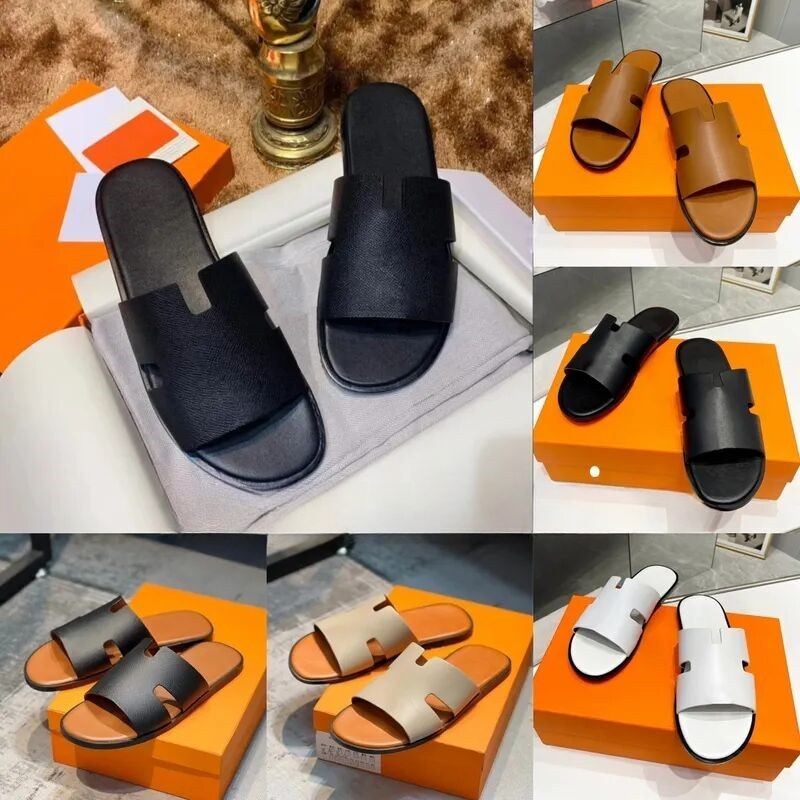 Men Slippers Designer Leather Mens Sandals Flip Flops Heritage Calfskin Sandal Summer Lazy Large Beach Casual Slide