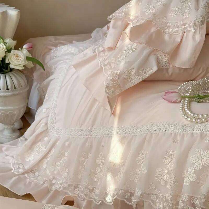 1200TC Egyptian Cotton Lace Ruffles Princess Wedding Style Pink Bedding Set Duvet Cover Flat/Fitted Bed Sheet Pillowcases 4Pcs Y260124
