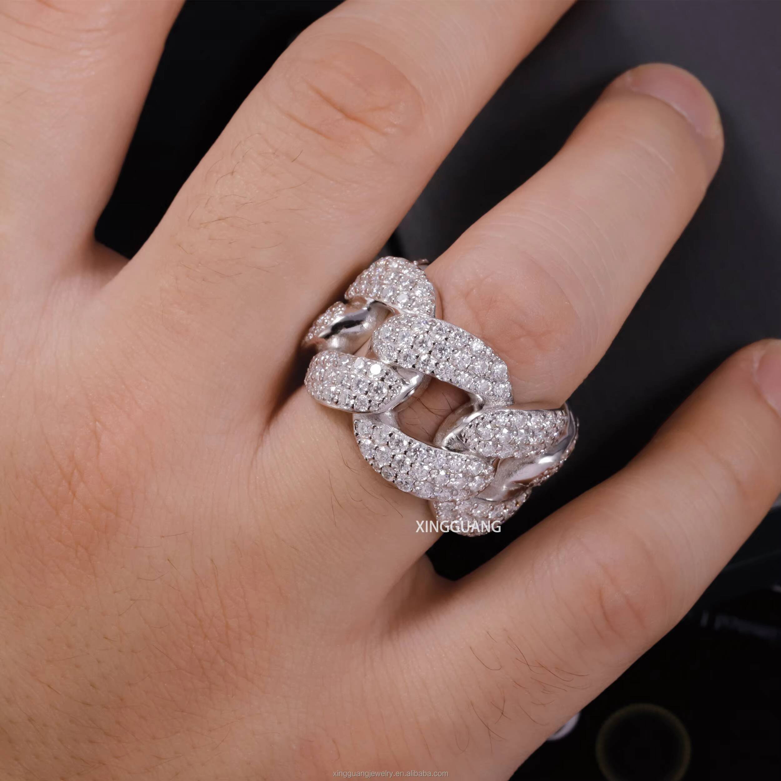 Hot Sale 3Rows Iced Out VVS Moissanite Diamonds White Gold Plated Cuban Link 925 Sterling Silver Cuban Rings Hip Hop Jewelry