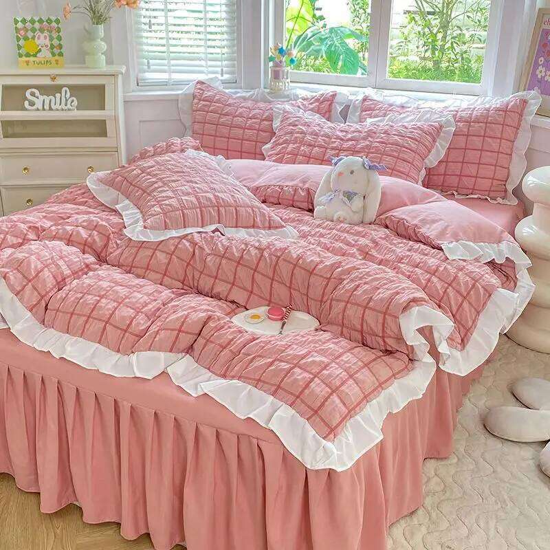 WOSTAR Pink pinch pleat duvet couple 2 people luxury double bed bedding four-piece set 220x240 quilt cover queen king size Y260124