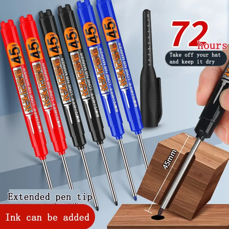 10PCS 45mm Tip Waterproof Long Head Marker Pen Quick-Dry Ink for Woodworking Construction Deep Hole Non-Toxic Black Red Blue 260120