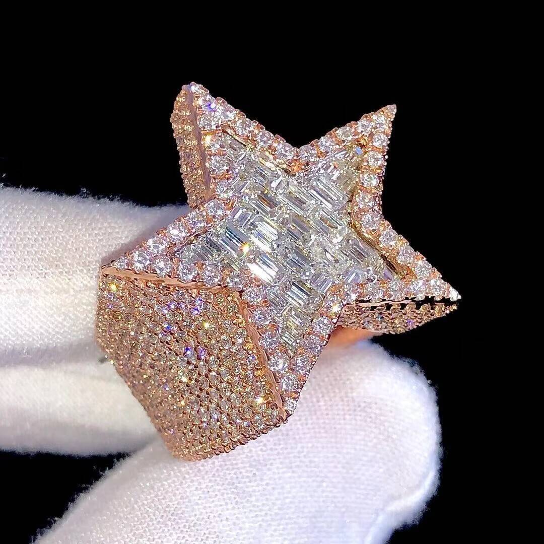 Rappers Hip Hop Trendy Moissanite Diamond Custom Bling Star Ring 925 Sterling Silver Rose Gold Plated Wedding Anniversary Party