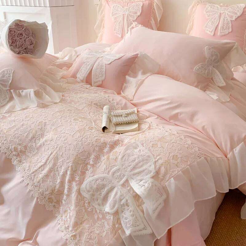 Three-dimensional Embroidery Aesthetic Lace Washed Cotton Quilt Cover Chiffon Soft /Breathable Bed Sheet Bedding Four Piece Set Y260124