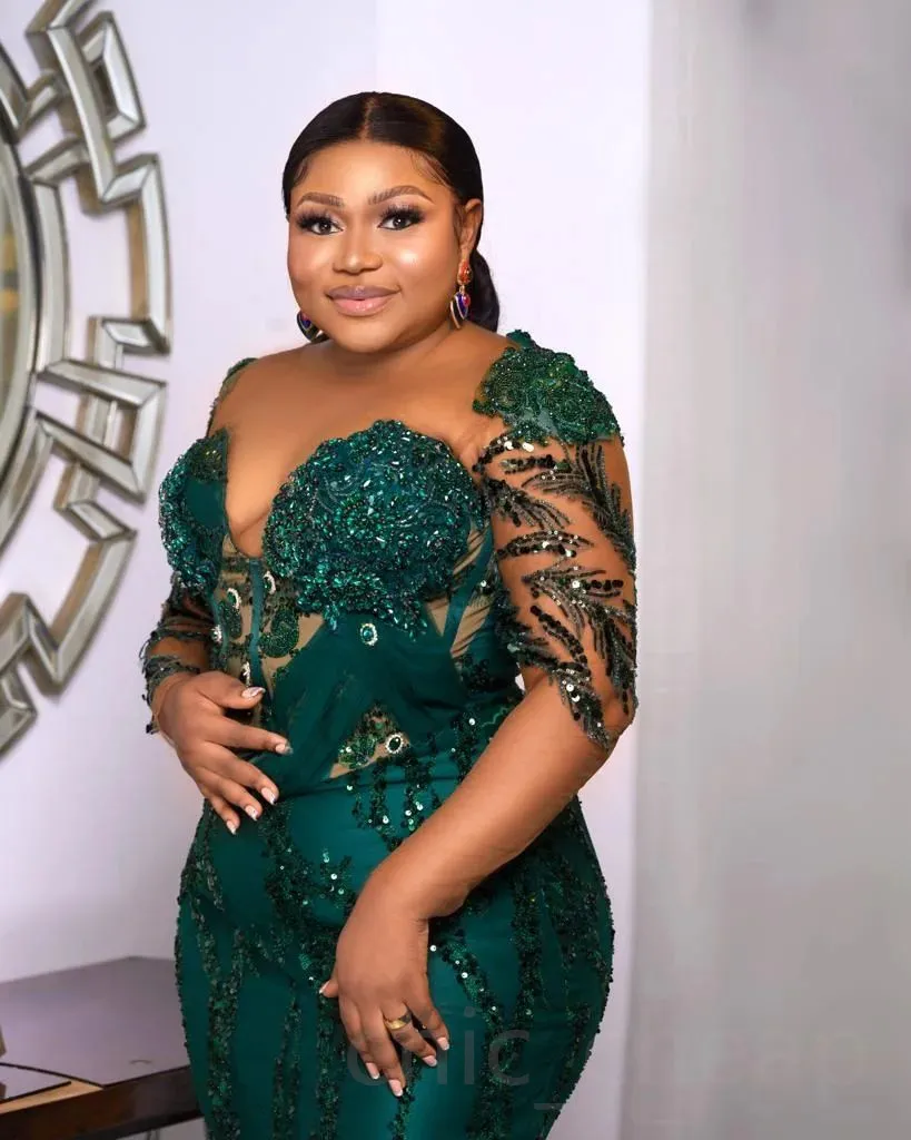Aso Ebi Dark Green Mermaid Prom Dresses With Long Sleeves Shiny Sequins Beaded Formal Evening Gowns Plus Size African Black Women Sexy Second Receptio