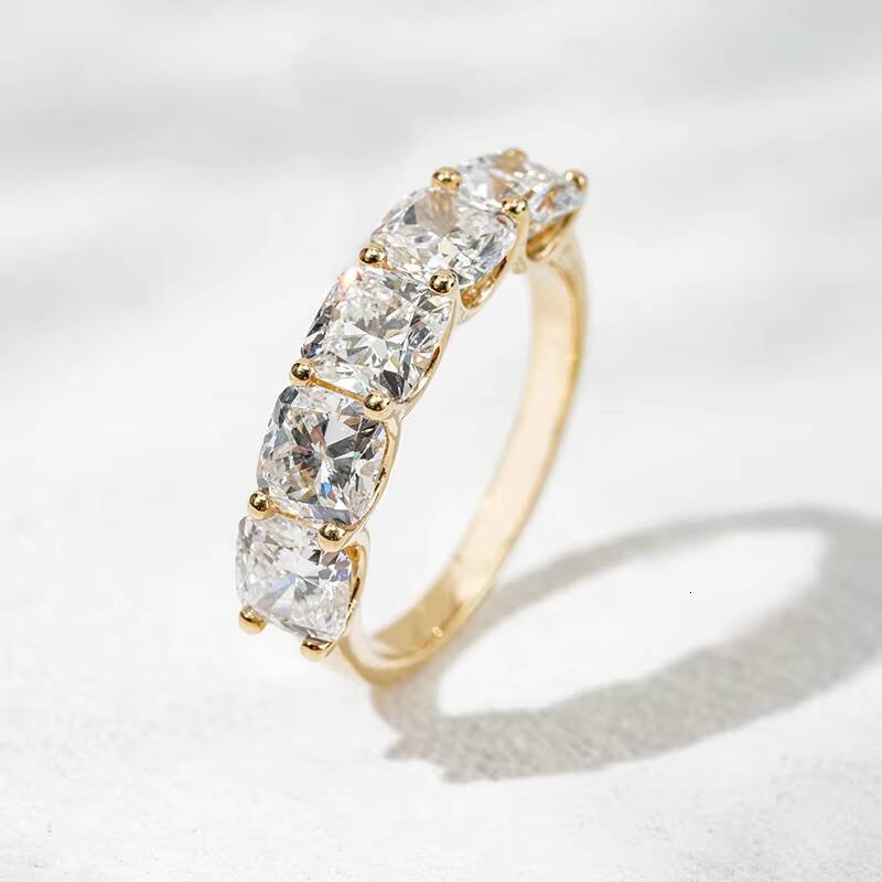 Starsgem 32ct 55mm Cushion Cut Lab Grown Diamond White/Yellow Gold Five Stone Classic Anniversary Band Ring