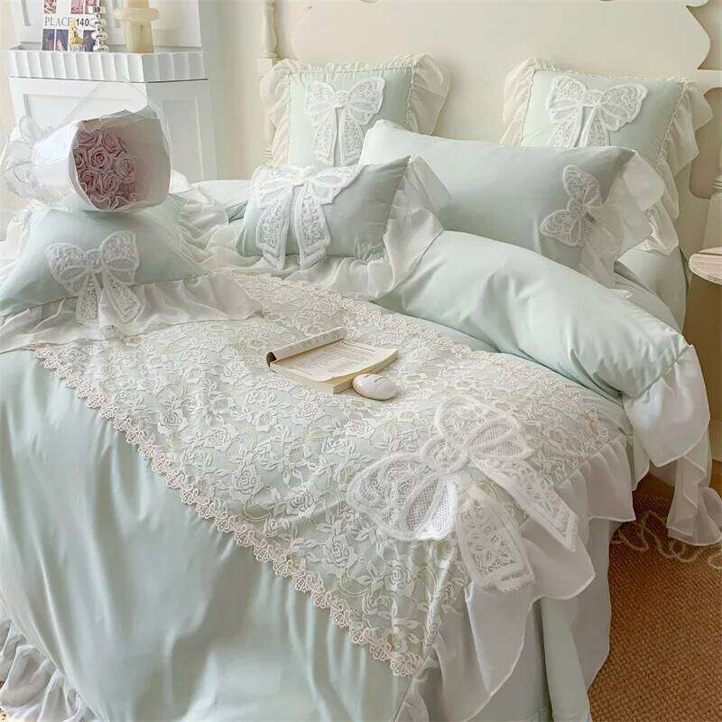 Three-dimensional Embroidery Aesthetic Lace Washed Cotton Quilt Cover Chiffon Soft /Breathable Bed Sheet Bedding Four Piece Set Y260124