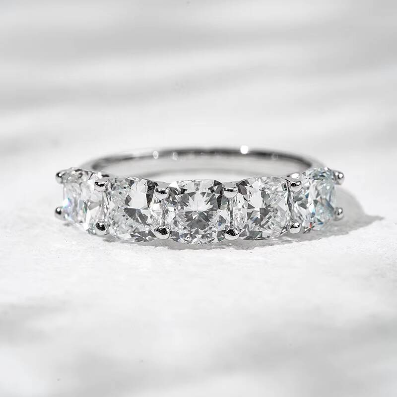 Starsgem 32ct 55mm Cushion Cut Lab Grown Diamond White/Yellow Gold Five Stone Classic Anniversary Band Ring