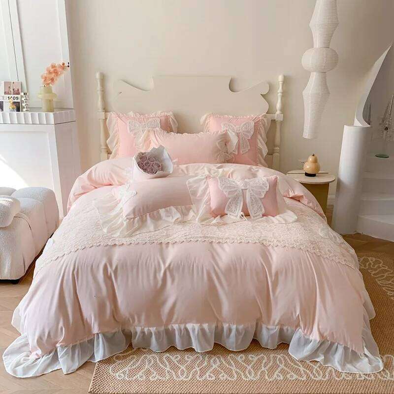Three-dimensional Embroidery Aesthetic Lace Washed Cotton Quilt Cover Chiffon Soft /Breathable Bed Sheet Bedding Four Piece Set Y260124