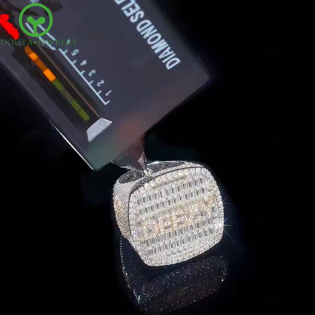 GRA Hip Hop Iced Out Bling 925 Sterling Silver Pass Diamond Tester VVS Moissanite Fleur Baguette Cross Ring for Men