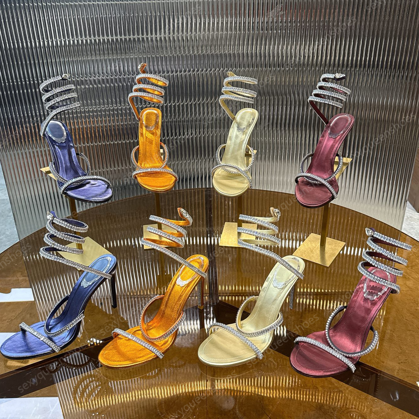 Rene Womens High Heels Rhinestone Wedding Shoes Luxury Designer Sandals Serpentine Wrapped Ankle Strap Elegant Crystal Super High 9.5cm Party Dress Shoes With Box