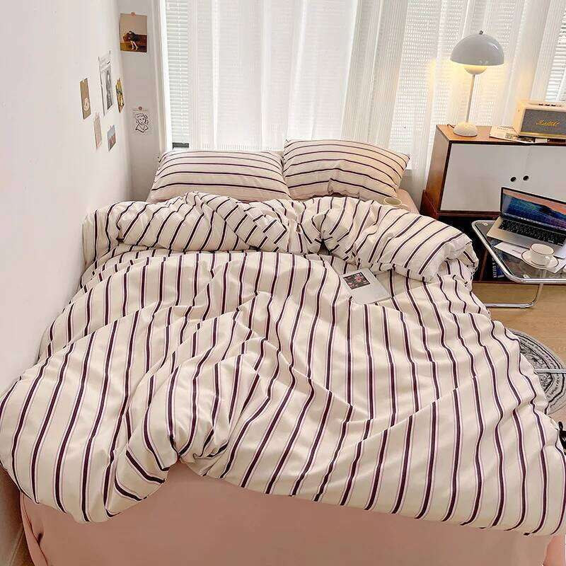 Linen Bed Sheets Duvet Cover Comforter Sets Korean Simple Stripe Four-piece Cross-border Grinding 3-piece Set Bedding Y260124