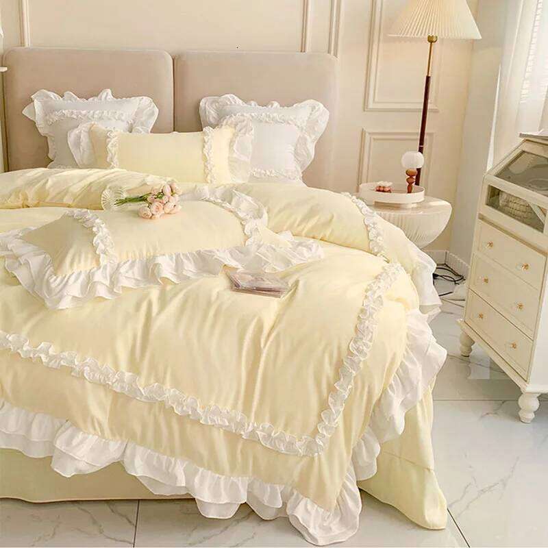 200X230Cm Korean Princess Lolita 4-Piece Solid Washed Cotton Breathable Bed Sheet Duvet Cover Bedding Set with Lace Y260124