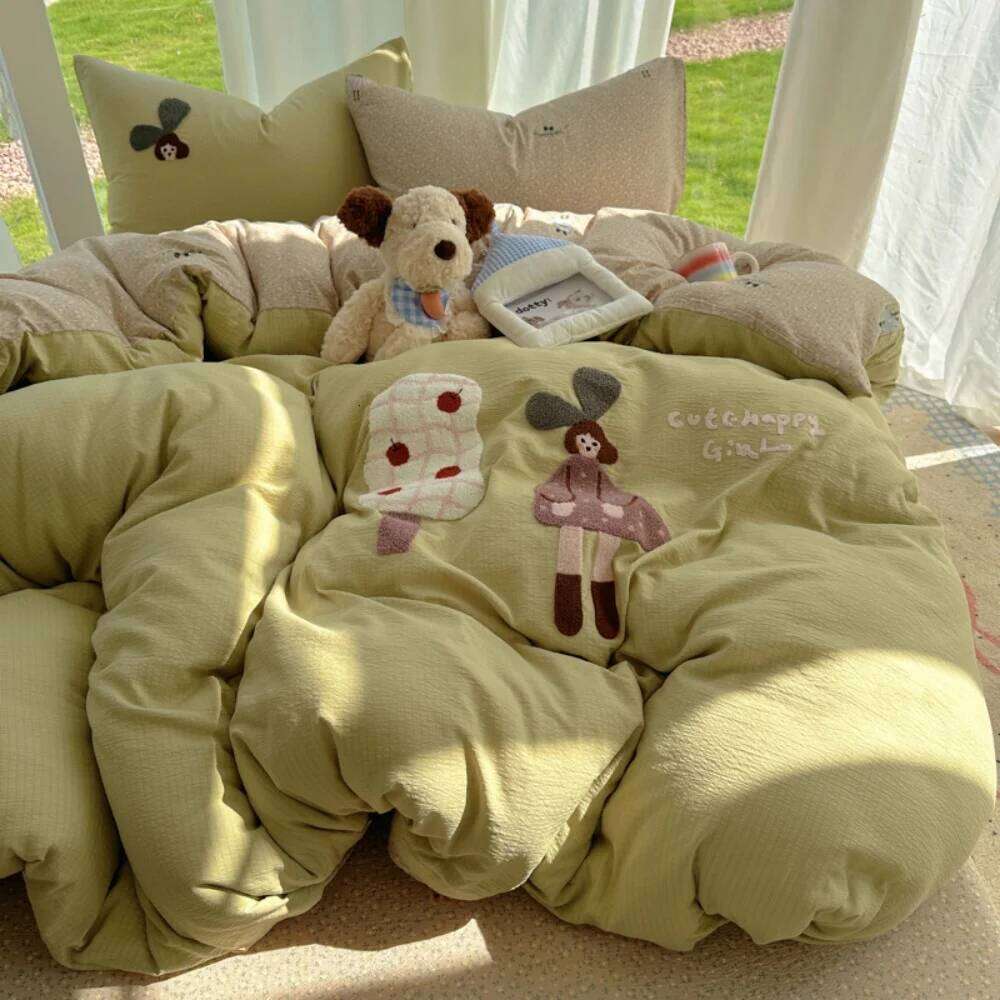 Cartoon Embroidery Printed Four-Piece Comfortable Bedroom Decor Bedding Set Duvet Cover Bed Sheet Pillowcase Home Textiles Y260124