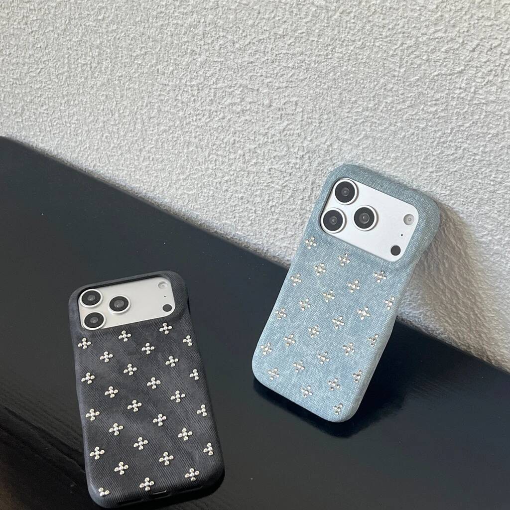 Retro Trendy Cool Blue Black Denim Texture Rivet Small Flower Shock Proof Phone Cover Case for iPhone 17 16 15 14 Pro Max