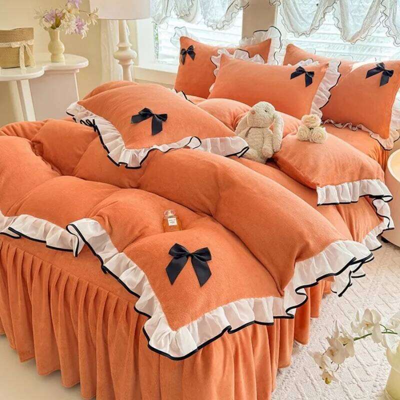2025 new princess wind milk fleece bed skirt four-piece set autumn and winter Korean lace thickened warm quilt cover Y260124