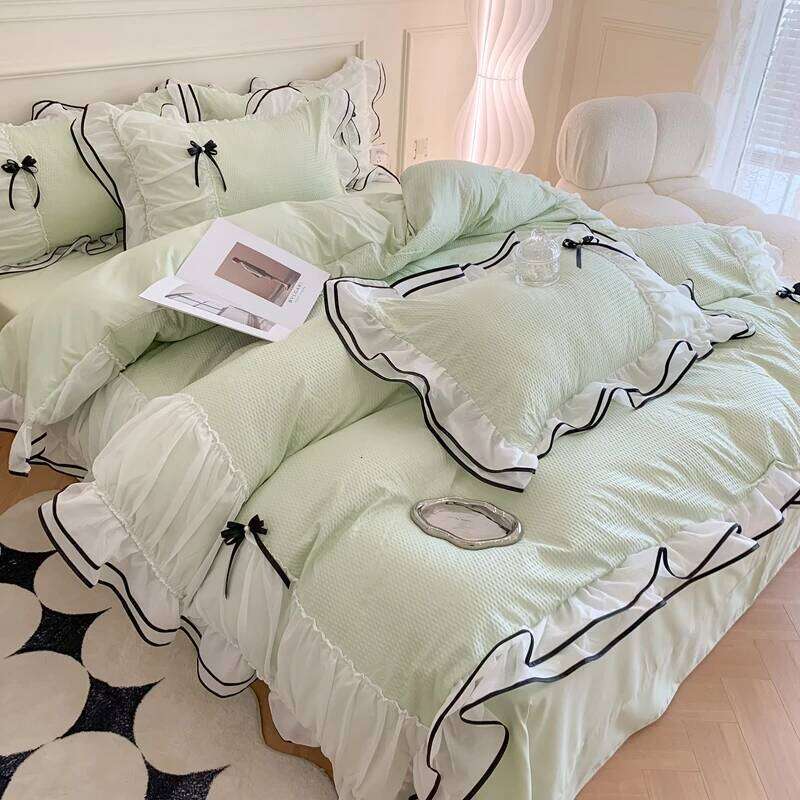 4pcs/set Korean Princess Girls Lace Ruffled Bow Bedding Set Duvet Double Bed Sheets Washed Cotton Twin Queen Quilt Cover Y260124