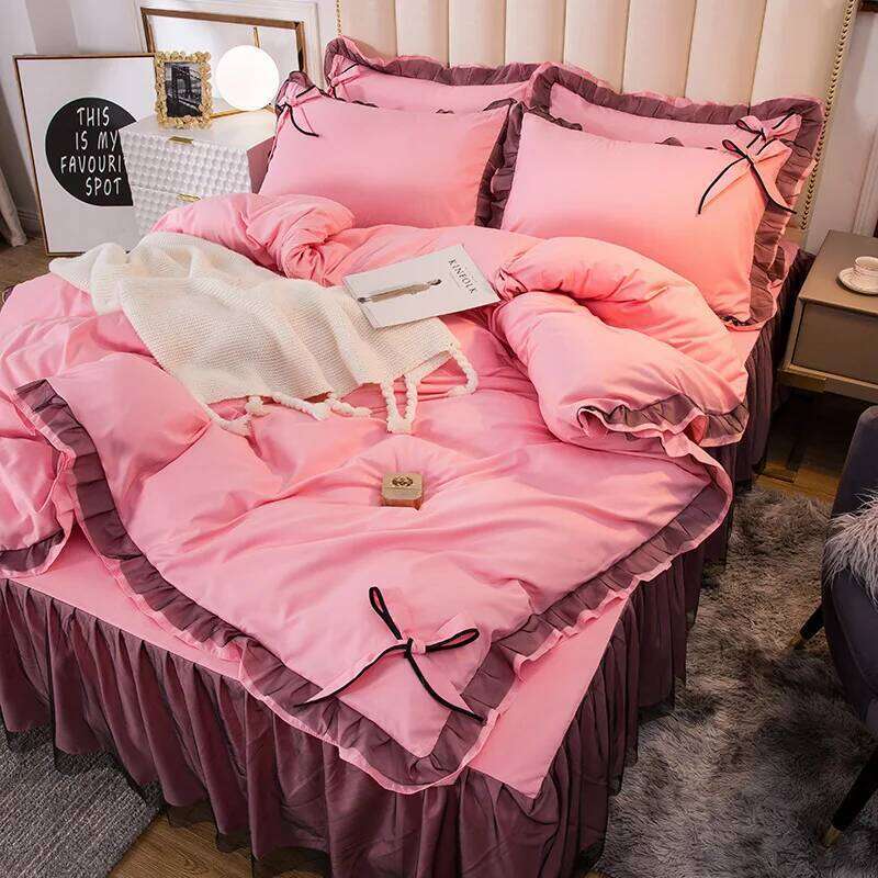 2024 new Korean version washed four-piece set solid color lace bed skirt bedding quilt cover kit Y260124