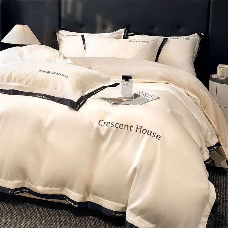 2025 spring and summer new light luxury fashion embroidery washed ice silk four-piece set simple solid color high-end bed sheet Y260124