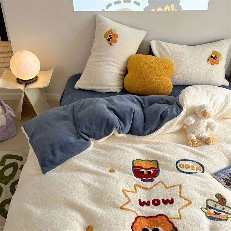 Winter Cartoon Cute Thick Four Piece Set Velvet Bedding Soft Plush Warmth For Duvet Cover Bed Sheet Bedroom Y260124