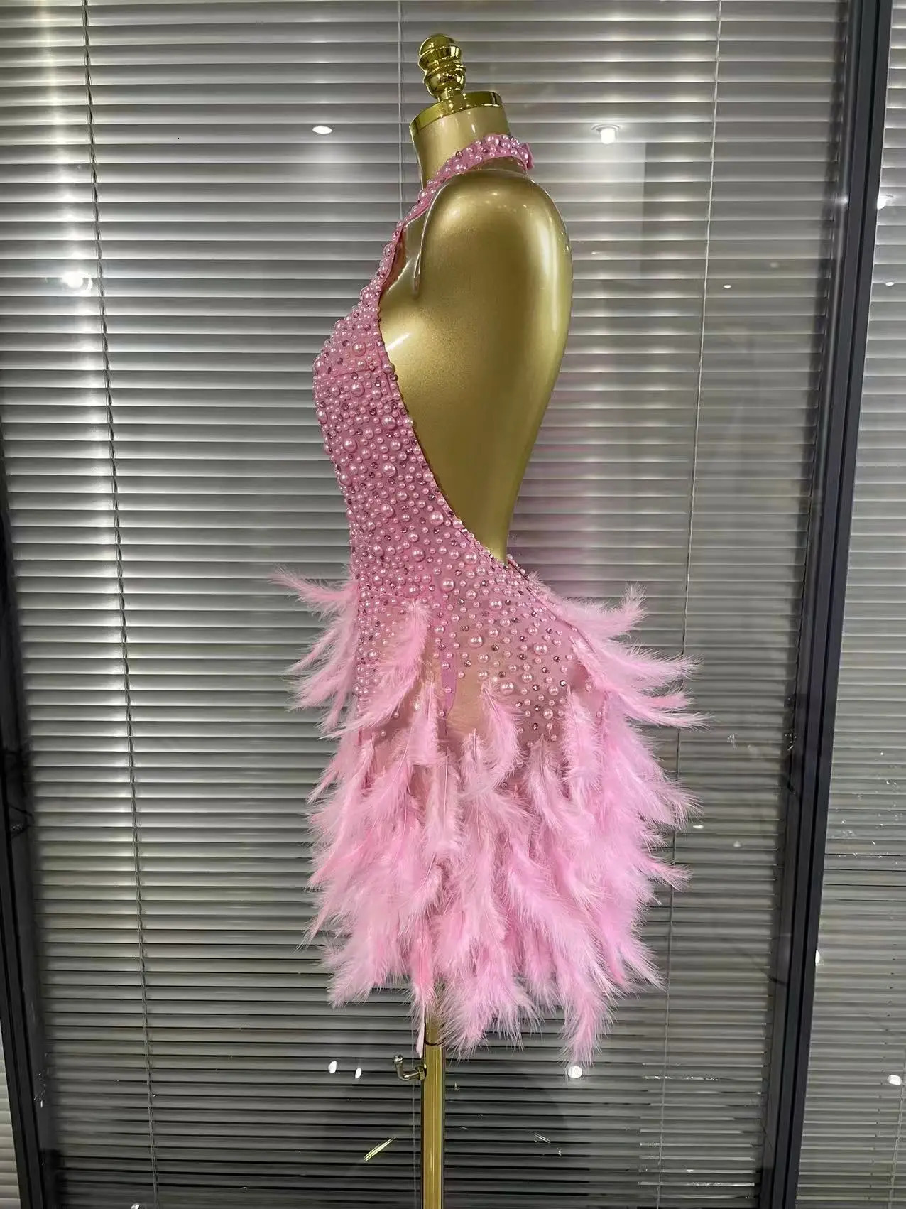 Sparkly Rhinestones Pearls Halter Backless Mini Feathers Skirt Women Sexy Mesh Transparent Performance Dance Costume Stage Wear 260121 - view 4