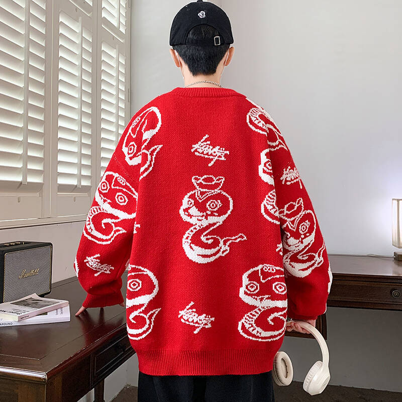 Men's Warm Coat Designer Winter Casual Trendy Knit Sweater Men's Outdoor Basic Knit Shirt Chinese Zodiac Snake New Style Teenage Cartoon Kni