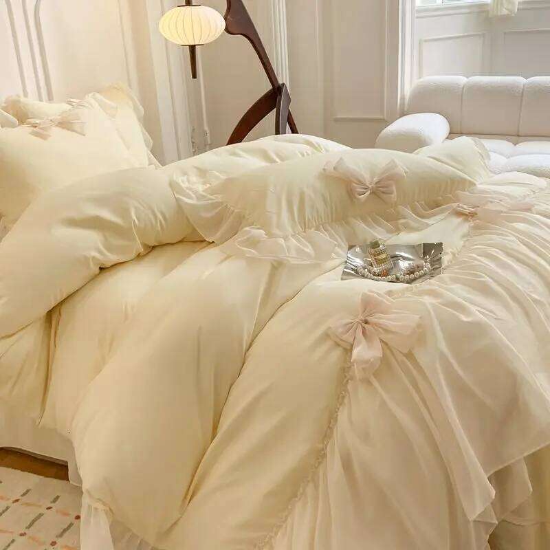 French Princess Style Bedding Sets Ruffle Lace Bow Quilt Romantic Bedclothes Decor Woman Girls Bedroom Duvet Cover 4pcs Y260124