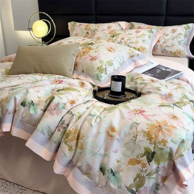 600TC Cotton Floral Leaves printed Luxury Bedding Set Duvet Cover Flat/Fitted Bed Sheet Pillowcases Double Queen King 4Pcs Y260124