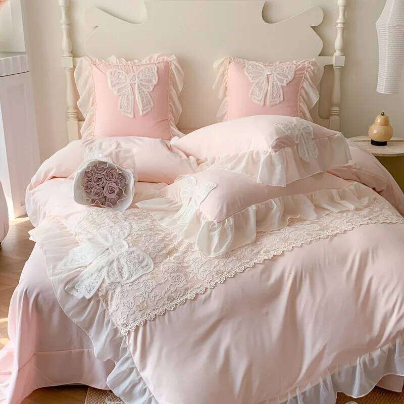 Three-dimensional Embroidery Aesthetic Lace Washed Cotton Quilt Cover Chiffon Soft /Breathable Bed Sheet Bedding Four Piece Set Y260124