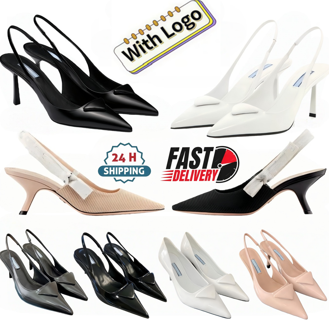 Designer Sandals Women High Heels Shoes Luxury Brand P Triangle Sign Black Matte Leather Sandals 3.5cm 6.5cm 9.5cm Thin Heels Pointed Toes Shoes 35-42