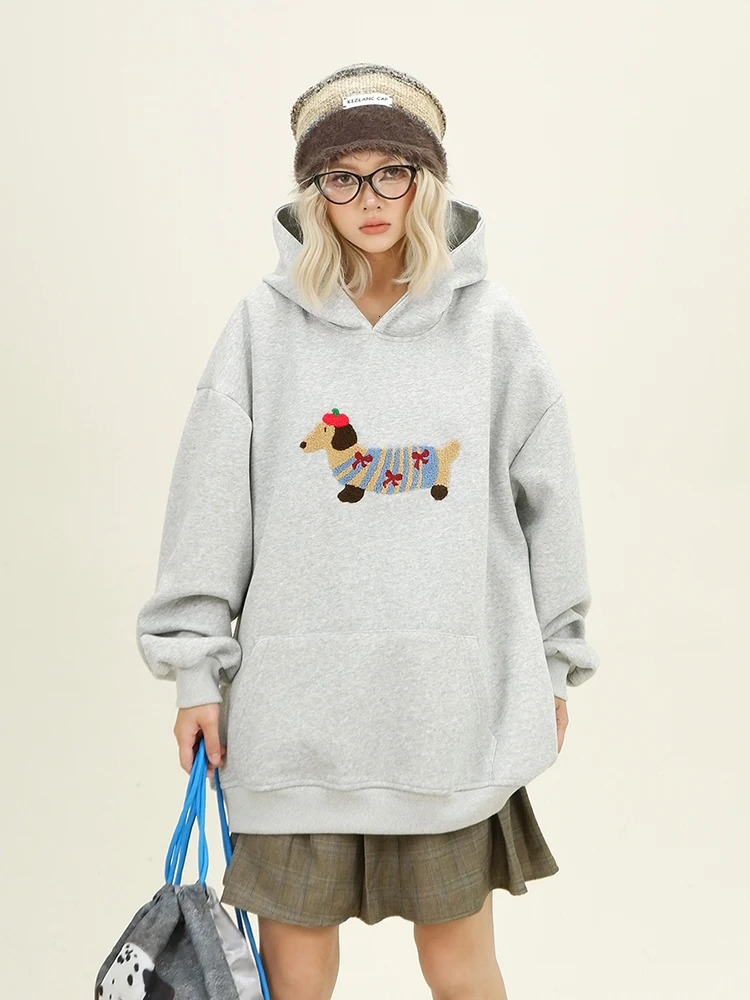 Women Sweatshirt Streetwear Couples Tops Casual Loose Hoodie Autumn Winter Cartoon Dog Embroidery Hooded Pullover 260121