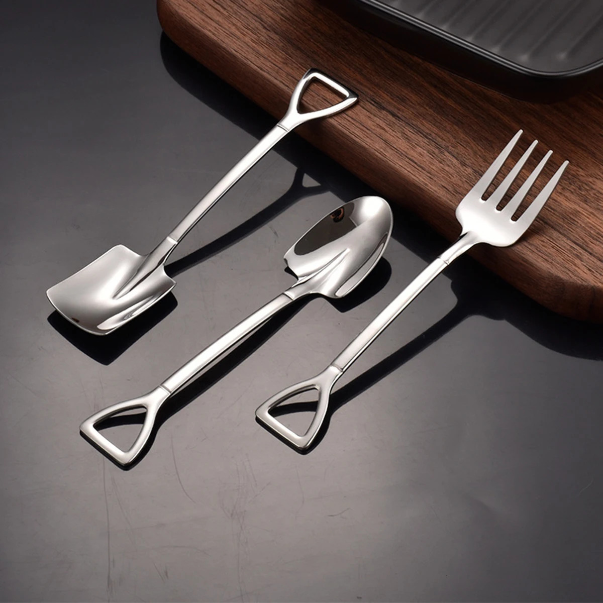 9pcs Stainless steel square spade fork pointed shovel said dessert cake fork spoon fruits 260122