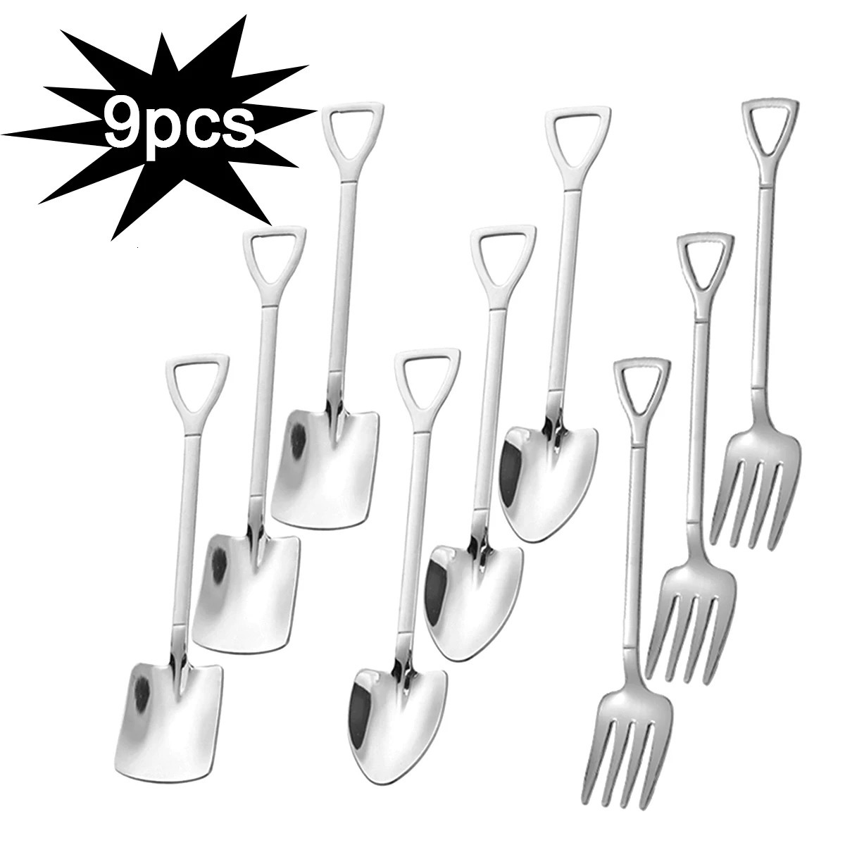 9pcs Stainless steel square spade fork pointed shovel said dessert cake fork spoon fruits 260122