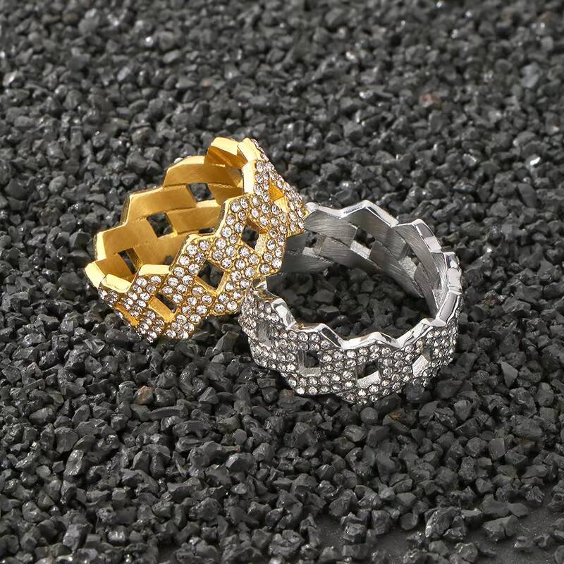 Fashionable 10mm Hip Hop Zircon Stainless Cuban Link Chain Ring Micro Inlaid Cz Jewelry Striking Moissanite Gemstone Steel Ring