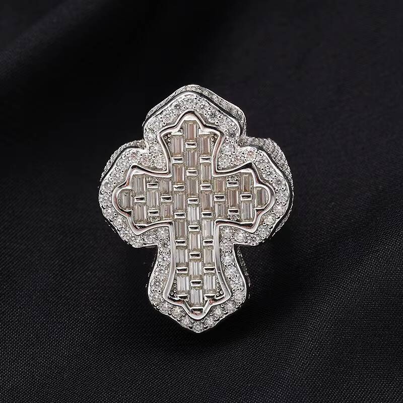 De Hiphop Iced Out Men Fine Jewelry Gold Rhodium Plated 925 Sterling Silver VVS Moissanite Baguette Diamond Cross Ring