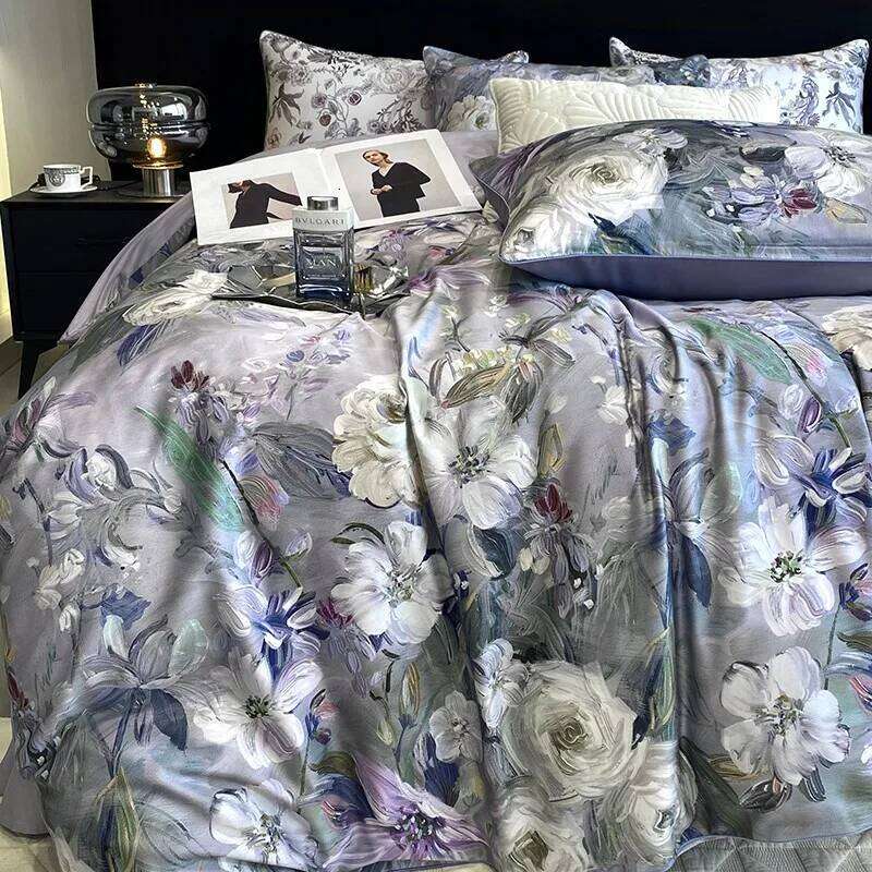 Gray Purple Floral Print 4Pcs 600TC Egyptian Cotton Bedding Comforter Quilt Cover Zip Closure Duvet cover Bed Sheet Pillowcases Y260124