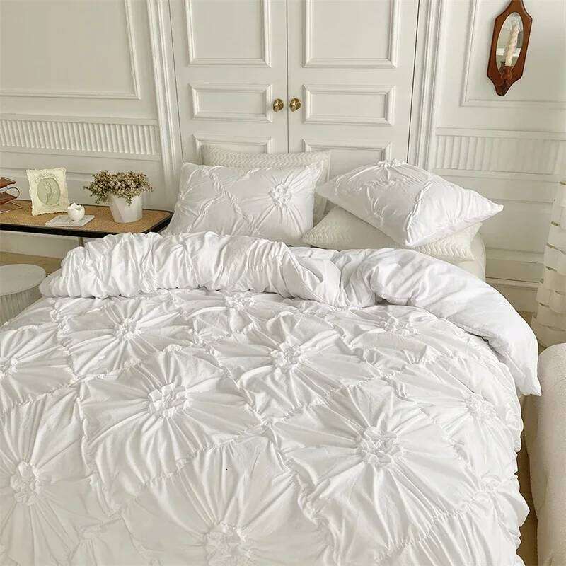 High End Three-dimensional Pinch Pleated Duvet Queen Solid Color Single Double Bedding Set Quilt Cover and Pillowcase Y260124