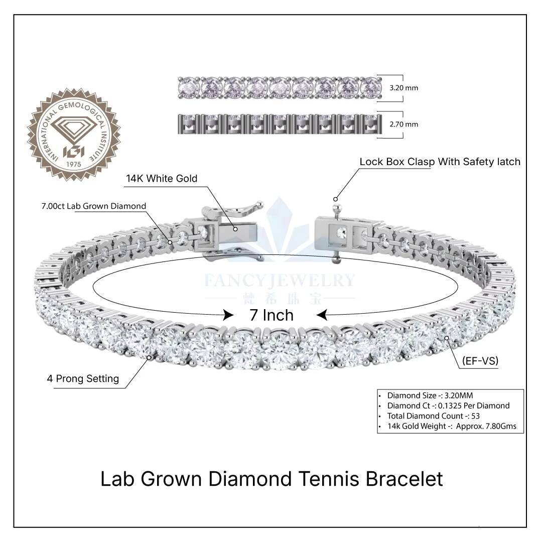 IGI Certified Lab Grown Diamond Tennis Necklace Chain CVD HPHT 18K 14K Gold 2MM 3MM 4MM 5MM Lab Created Diamond Tennis Bracelet