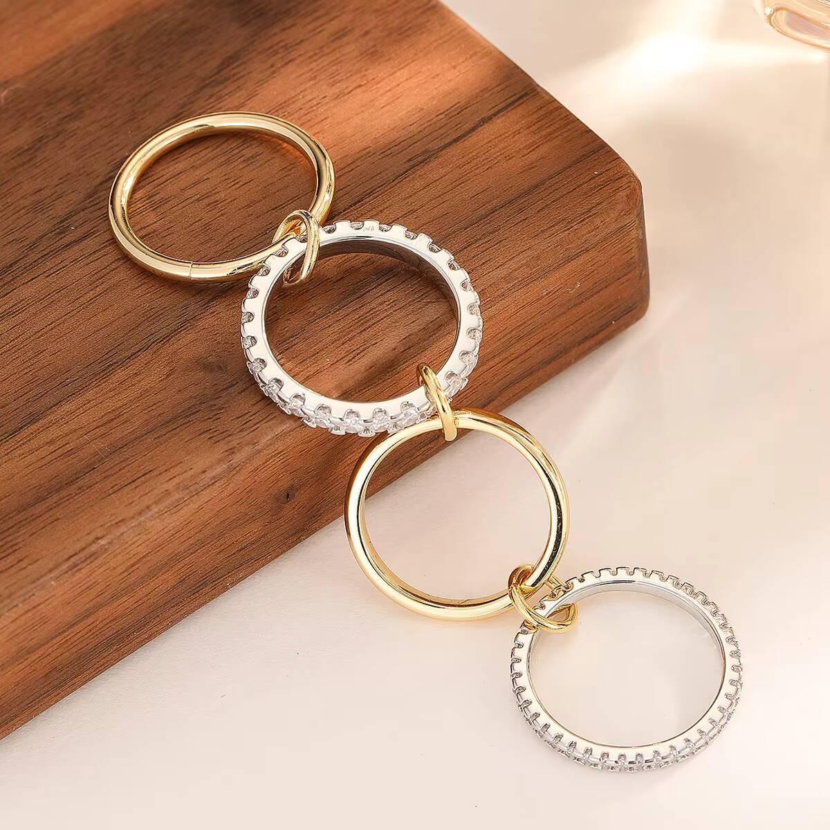 Spinelly Kilcullen ring; two-tone design; diamond four-piece set; stackable rings; ladies' gift.