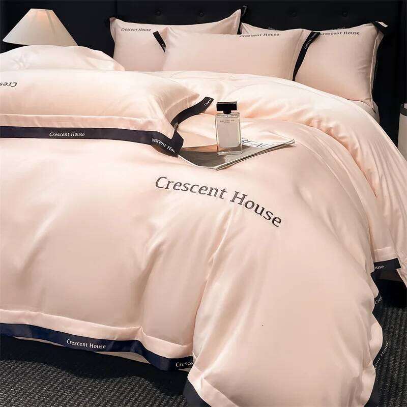 2025 spring and summer new light luxury fashion embroidery washed ice silk four-piece set simple solid color high-end bed sheet Y260124