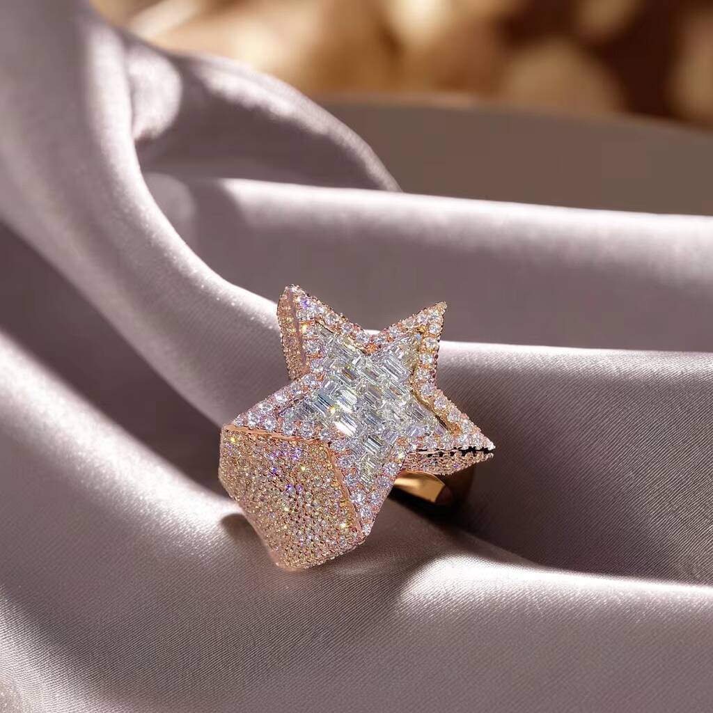 Rappers Hip Hop Trendy Moissanite Diamond Custom Bling Star Ring 925 Sterling Silver Rose Gold Plated Wedding Anniversary Party