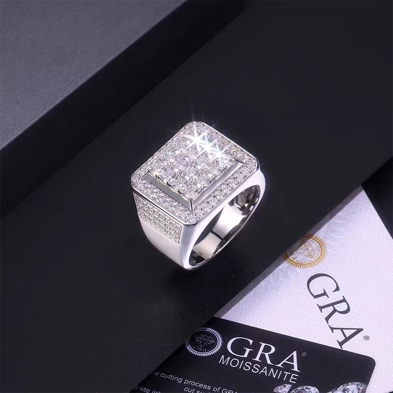 Fashion GRA VVS I Iced Out Square Moissanite S925 Silver Hip Hop Bling Statement Designer Ring