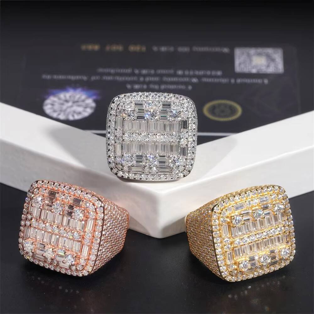 RTS Rapper Iced Out Jewelry European American Style Hip Hop Custom 925 Silver VVS Baguette Moissanite Diamond Ring for Men