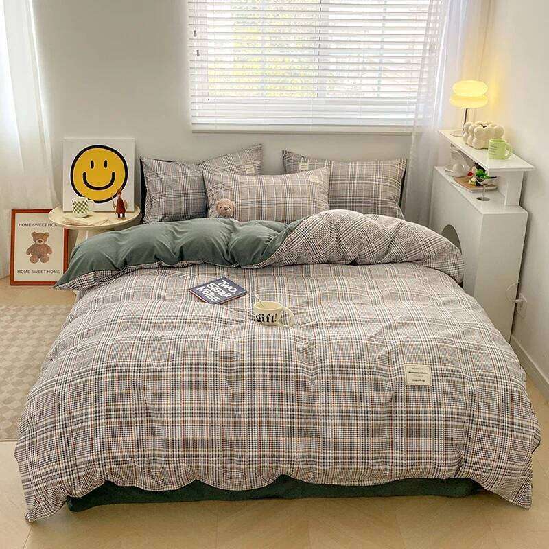 Nordic Plaid Pattern Wash Cotton Bedding Duvet Pillowcase Sheet Comforter Cover Bed Linens Set Queen King Size Y260124
