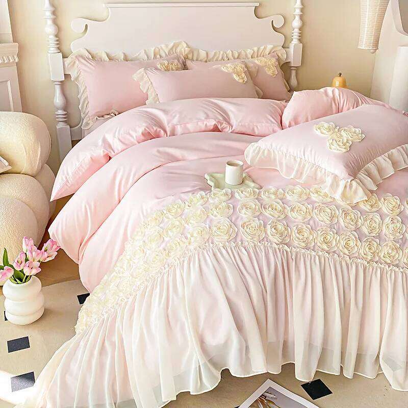 New French Three-dimensional plate Flower Embroidery Duvet Cover Princess Style Bed Four Piece Set Adult Bedroom Decoration Y260124