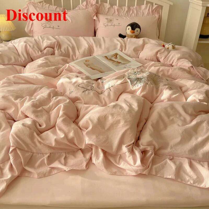 Lace embroidery small fresh and cute girl heart four-piece set washed cotton summer sheet quilt cover bed hat Y260124